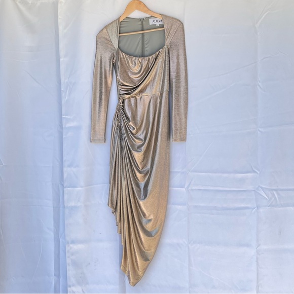 Alieva Narin Draped Midi Dress Sz S Gold Metallic Ponte Stretch Shimmer Cocktail - Picture 1 of 13